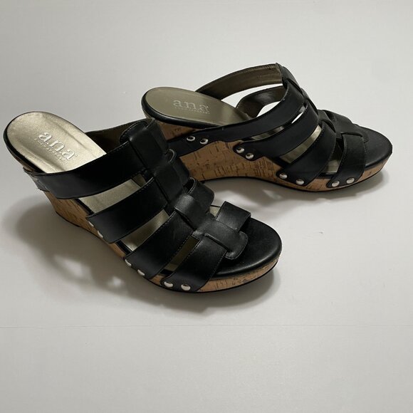 Womens Black Cork Wedge Sandals With Strappy Design By A.N.A. Size 8M - Picture 3 of 9
